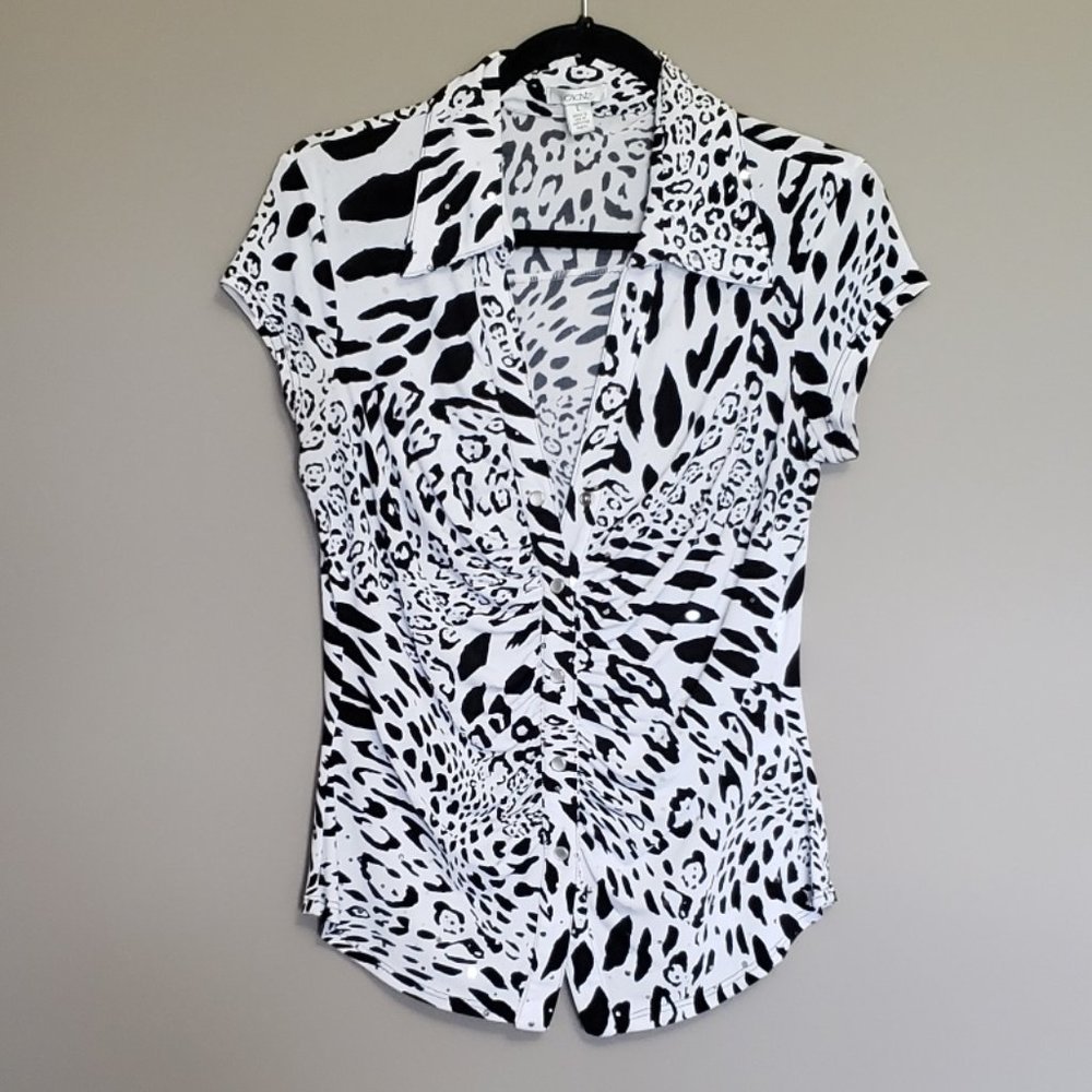 CHIC "CACHE" ANIMAL PRINT SILVER SEQUENCE TOP